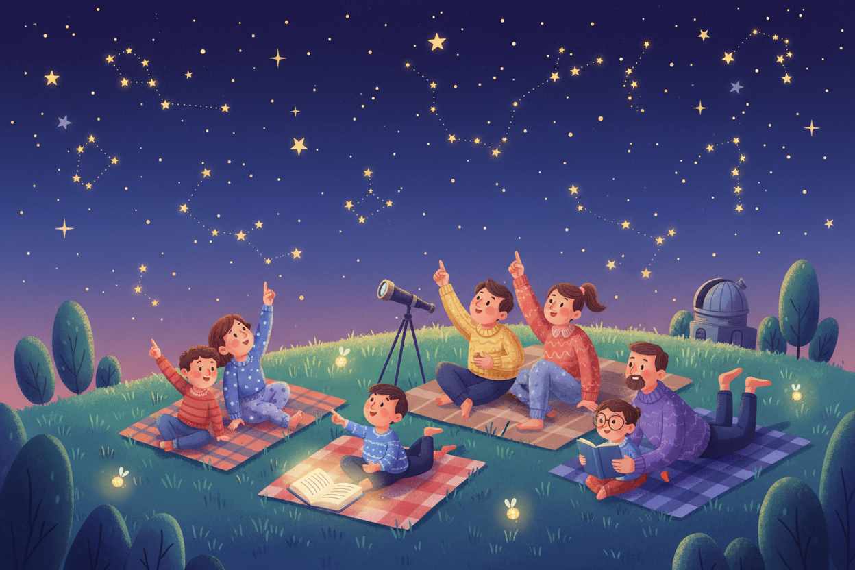 a cartoon night time sky with observers laying out on a hillside enjoying learning about the stars and constellations